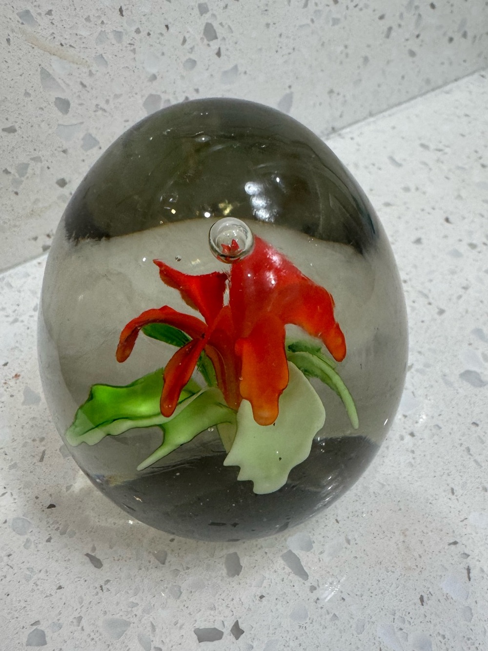Dynasty Gallery Glass Paperweight w bright red/ 
green flower & suspended bubble